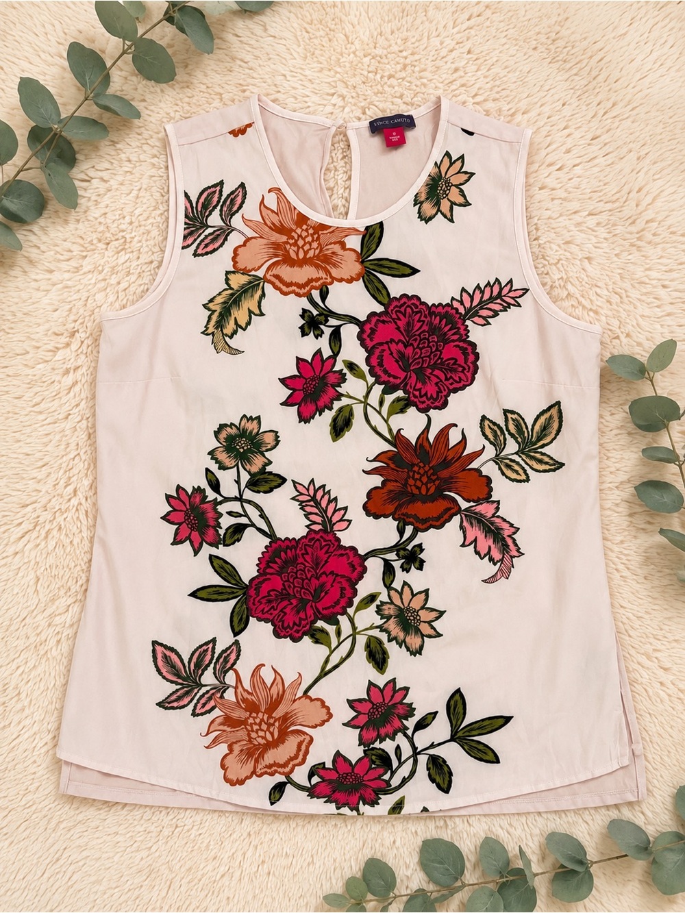 Vince Camuto Cream Sleeveless Top with Pink & Orange Floral Embroidery